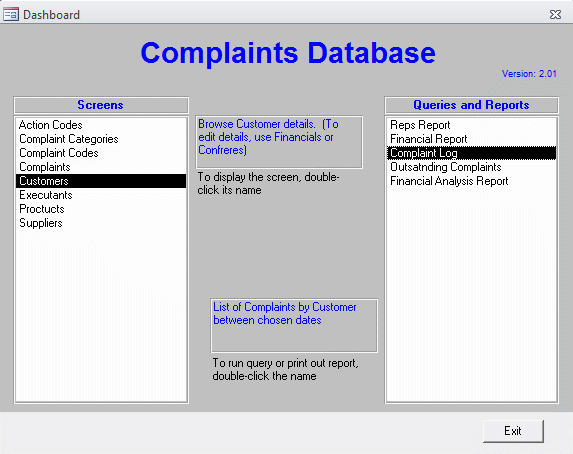 Complaints database navigation dashboard