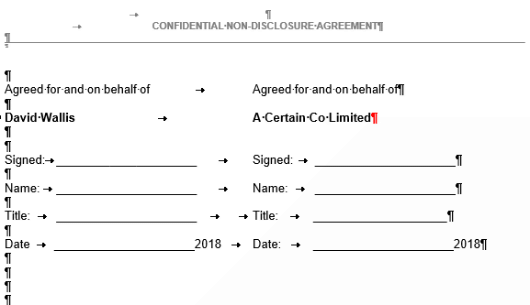 Non-printing caracters in Word NDA document