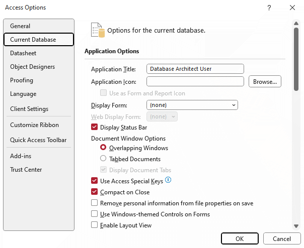 Access databasa Compact on Close setting