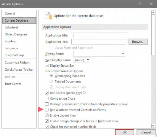 Access Options dialog box