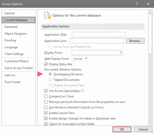 Access Options' Overlapping Windows option