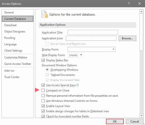 Compact on Close Access option setting