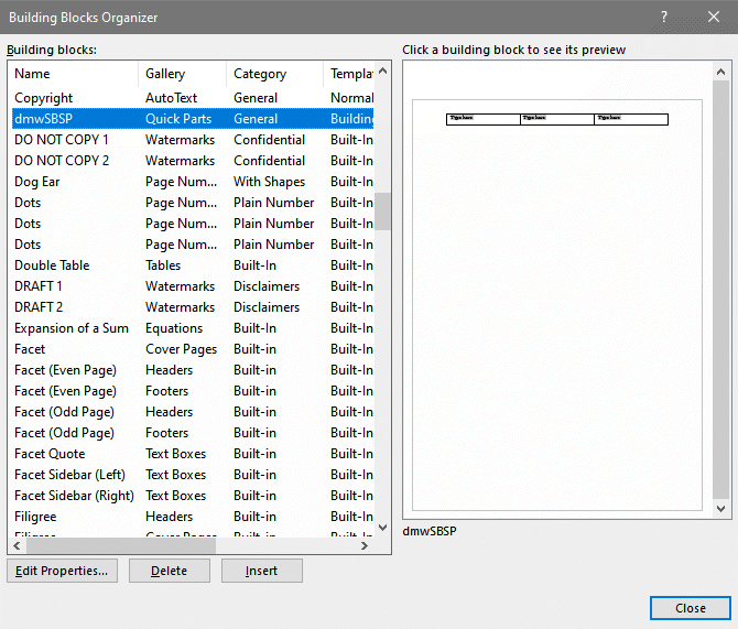 Microsoft Word's Building Blocks Organizer