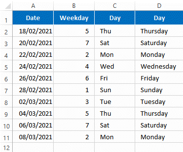 Day of week Excel spreadsheet
