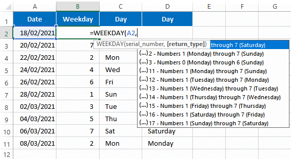 Excel WEEKDAY function second argument