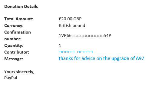 Donation advice note from PayPal