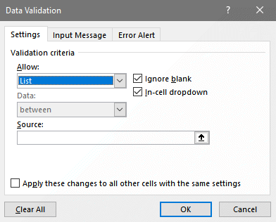 Excel Data Validation dialog box