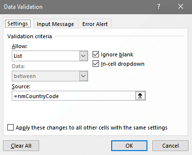 Excel Data Validation dialog box