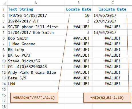 Excel SEARCH and MID functions in formulas