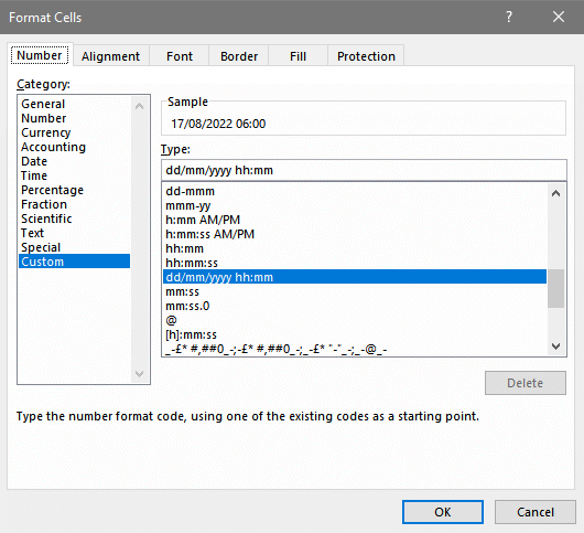 Excel Format Cells dialog box