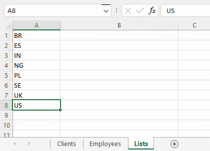 Excel list of country codes