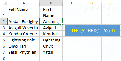 First name from full name in Excel