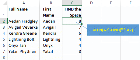 Combining Excel LEN and find FIND