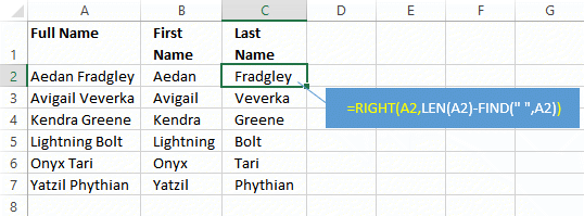 Last and first names from full names in Excel