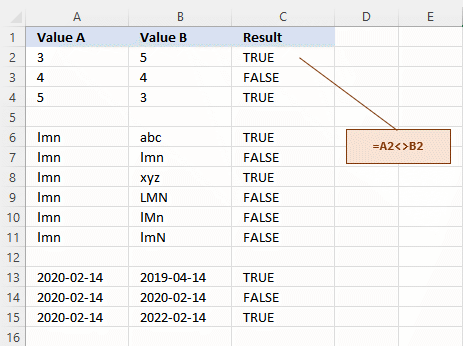 Excel not-equal-to formula