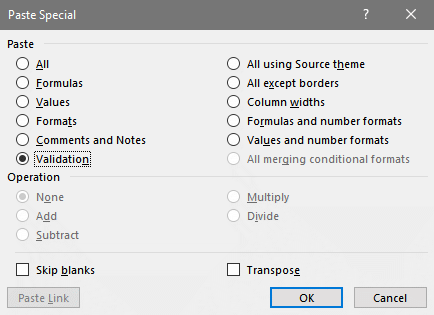 Excel paste special Validation