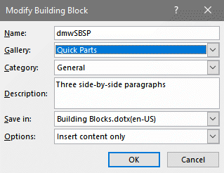 Word Modify Building Block dialog box