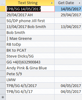 Access datasheet of date extraction results