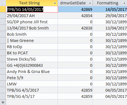 Access datasheet of date extractions