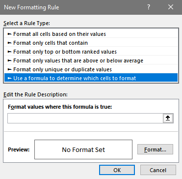 Excel's New Formatting Rule dialo box