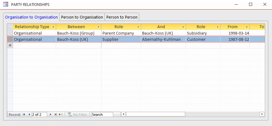 Inter-organisation relationships input form