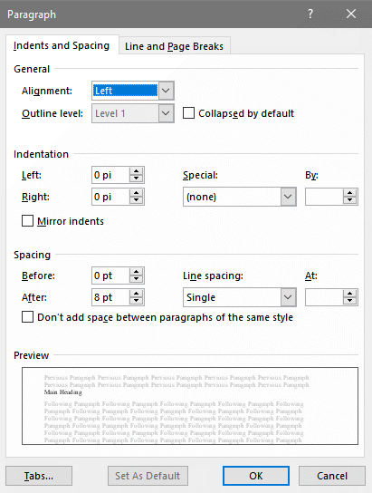 Word's Paragraph dialog box