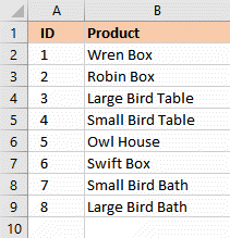 Simple Excel table of products