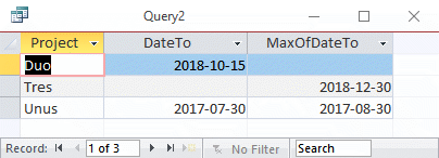 Access query datasheet of project dates