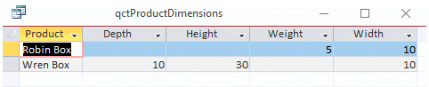 Crosstab query data sheet of dimensions of products