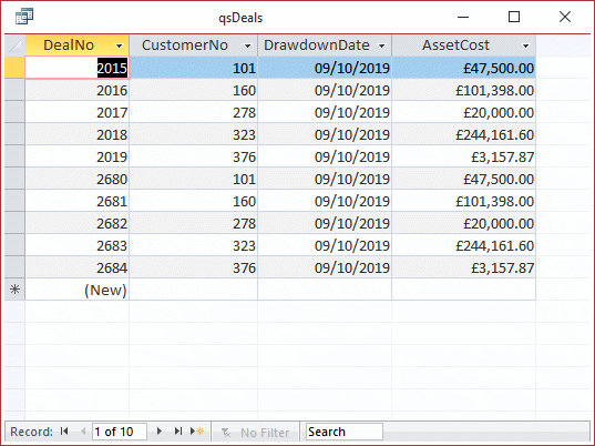 Access select query filtered datasheet