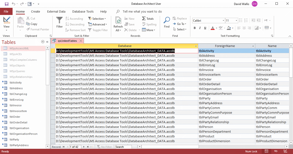 Datasheet of tables in an Access database