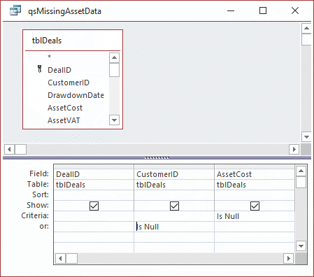 Criteria for missing numeric values in Access query