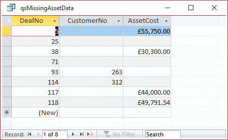 Access data sheet of missing numeric data