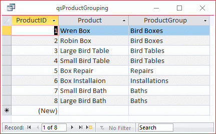 Query datasheet of products and their groupings