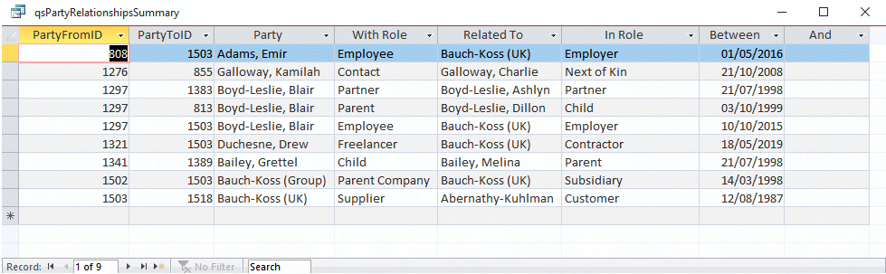 Access datasheet of relationships between people and organisations