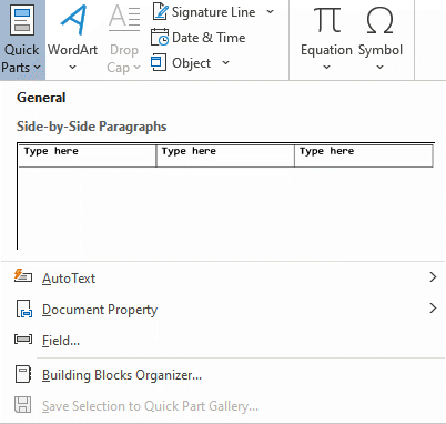 Word Quick Parts drop down