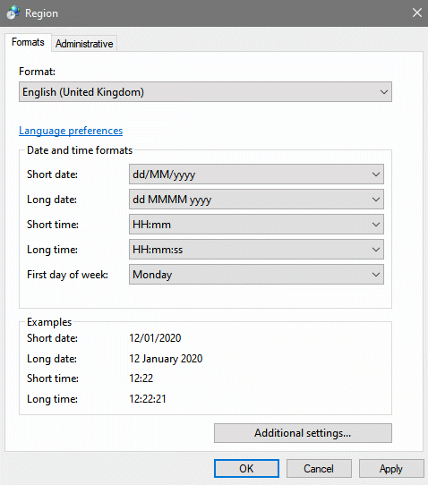 Windows 10 Region settings dialog box