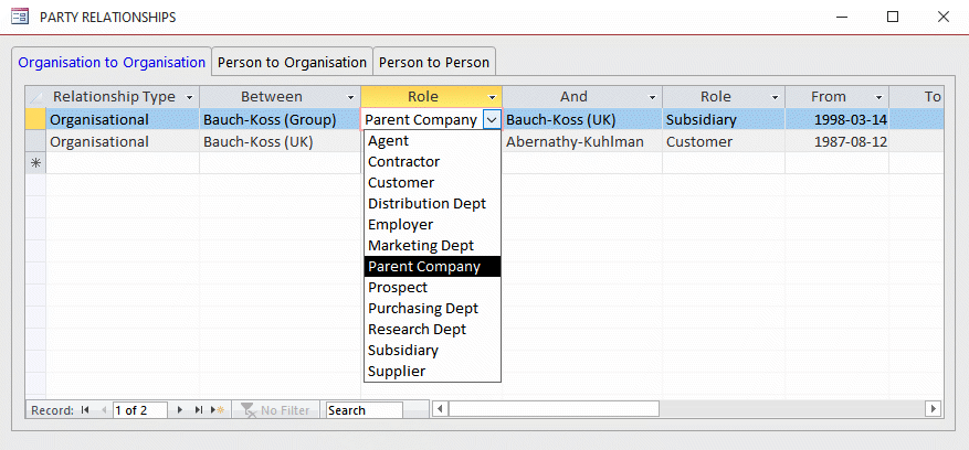 Combo box for databae relationship types