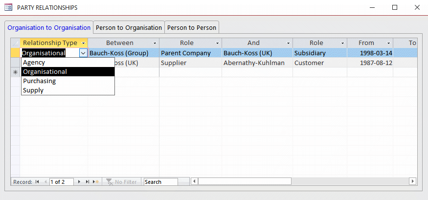 Database relationship-types combo box