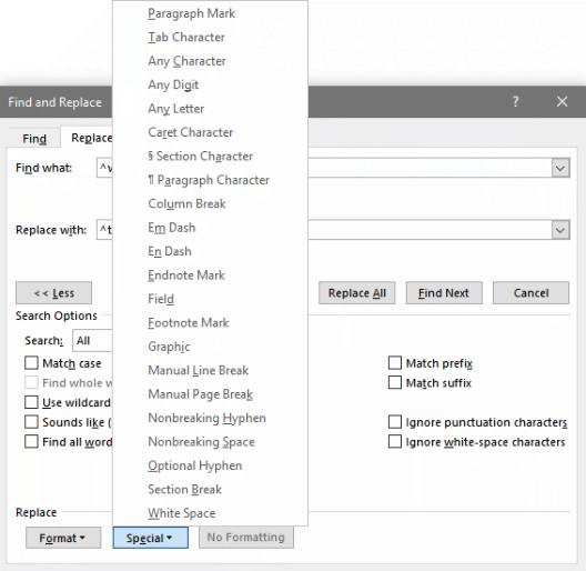 microsoft word find and replace carriage return