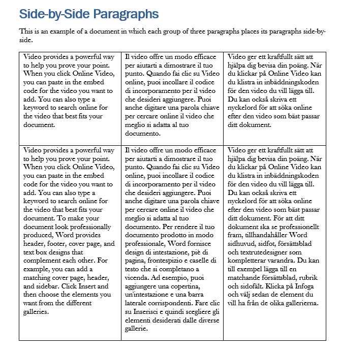 Word table of side-by-side paragraphs