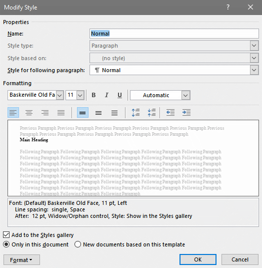 WOrd's Modify Style dialog box