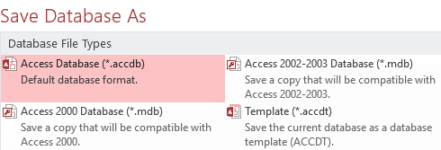 Access Save Database As screen