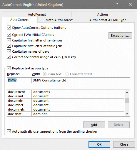 Word AutoCorrect dialog box