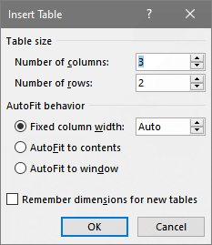 Insert Table dialog box in Word
