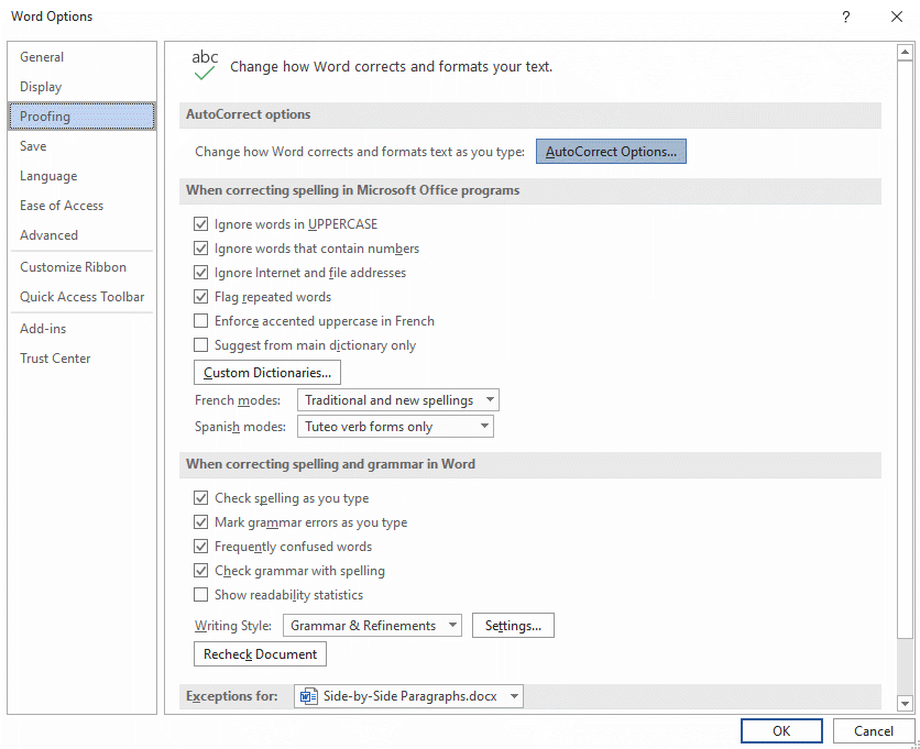 Word Options dialog box