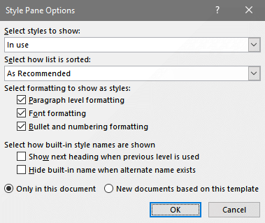 Word's Style Pane Options dialog box