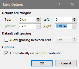 Table Options dialog box in Word