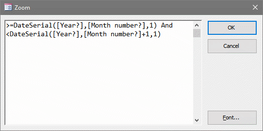 Access database Zoom dailog box